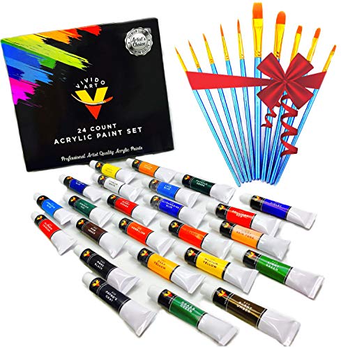 Acrylic Paint Set 24 Colors- Bonus 10 Acrylic Paint Brushes Included - Acrylic Paints for Artists - Heavy Body Acrylic Paint - Artist Quality Acrylic Paint - Canvas Paint with Acrylic Paint Brush Set