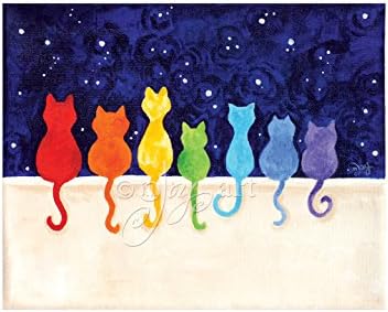 Rainbow Cats on a Wall at Night , 10x8 inch print of nJoyArt original painting.