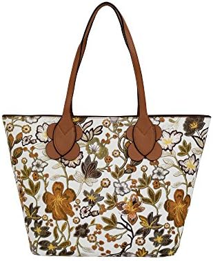 Mellow World Primerose Hb27145, Vegan Leather Flower Patterned Tote, Zipper Closure Travel Tote