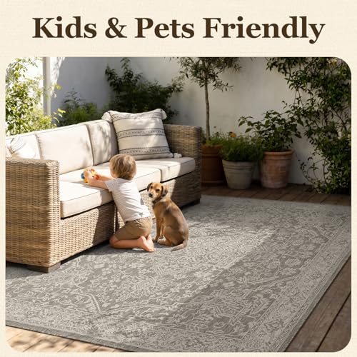 Outdoor Rug-Patio Rug Polypropylene Indoor Outdoor Carpet 7.9x10ft Porch Balcony Carpets Garden Deck Mat Easy Clean Non Slip Light Weight Vintage Outdoor Area Rug Retro Grey