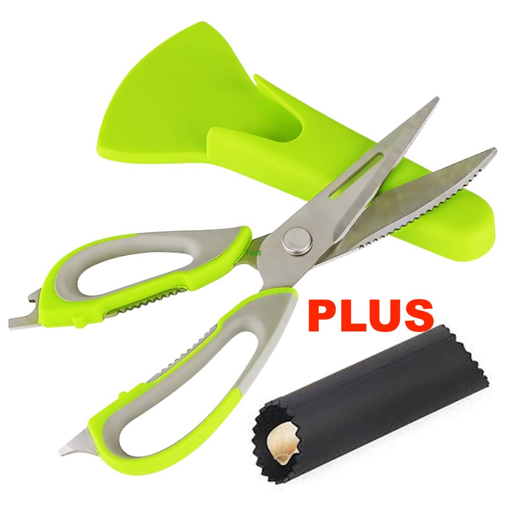 Multifunction Kitchen Scissors [GOONTING] Multipurpose Stainless Steel Kitchen Shears 7in1 Heavy Duty Kitchen Scissors Dishwasher Safe PLUS Garlic Peeler by Magnetor Plus(Lime Green)