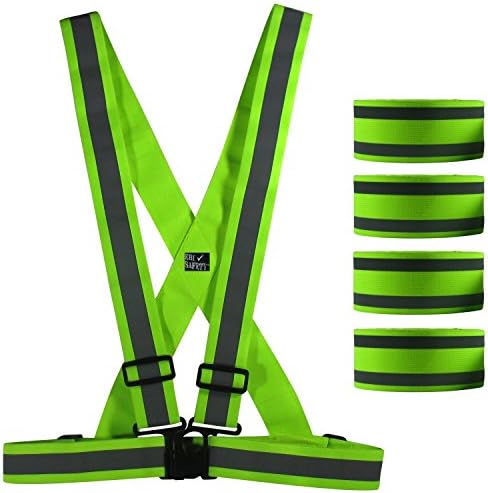 Premium Reflective Running Vest & Ankle Band Set (4 Bands + 1 Vest) High Visibility Safety Accessories / Gear for Walking / Cycling / Hiking / Motorcycle Riding. For Men / Women & Children