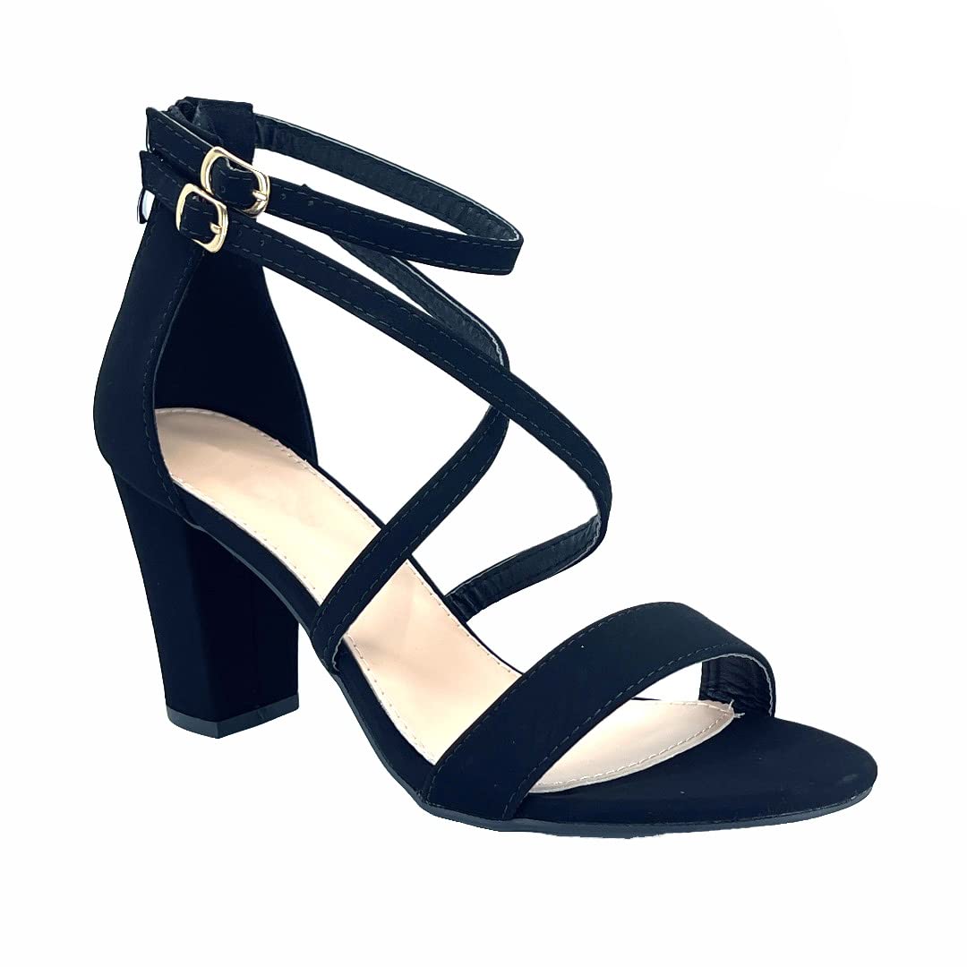 Photo 1 of ABSOLEX Women Fashion Cross Strap Ankle Strap Open Toe Block High Heel Sandal Wedding/Party/Dressy/Formal Shoe, Black Nubuck, 6.5