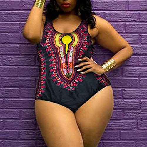 Challyhope Big Sale! Women Plus Size Sexy Dashiki African Print Bathing Suit One Piece Push Up Padded Bikini Monokini Jumpsuit (XXL, Pink B)