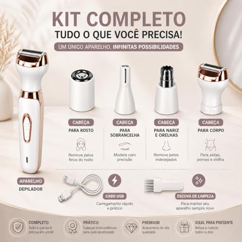 Depilador Feminino Elétrico 4 em 1 Recarregável USB Removedor de pelos Corporal e Facial Aparador Portátil bivolt Sem Fio com 4 Cabeças Multifuncional
