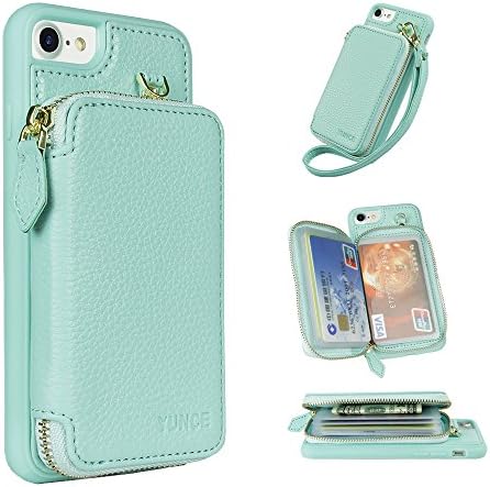 iPhone 7 Wallet Case, YUNCE iPhone 8 Leather Wallet Case Credit Card Holder Slot Protective Leather Zipper Wallet Case With Card Holder Handbag Cover for iPhone 7 / 8 (Mint)