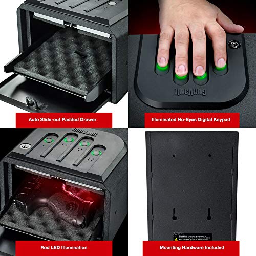 GunVault MiniVault Quick Access Compact Gun Safe with Illuminated No-Eyes Digital Keypad, Auto Slide-Out Drawer and LED Illumination (1 Pistol Capacity) - Thumbnail 3