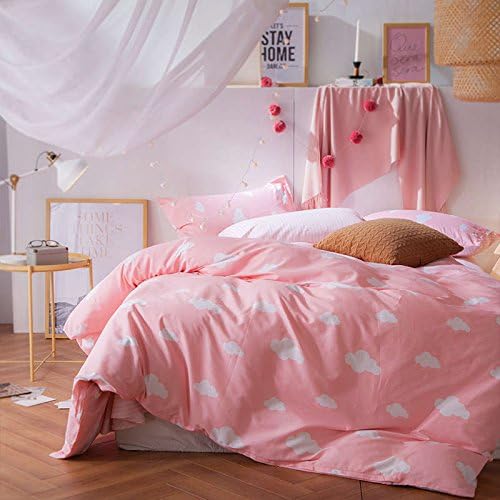 QzzieLife Print White Cloud Pattern Sweet Pink Girls 4PC Duvet Cover Set Cotton Full Queen Size