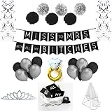 Party Heaven Bachelorette Party Decorations Kit - Black & Silver Bridal Shower Supplies Pack with Rhinestone Tiara + Veil