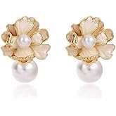 Chunky Gold Flower Pearl Earrings for Women Trendy, Delicate Big Pearls Enamel Floral Stud Earring Vintage Valentine Party Jewelry Gift