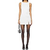 NADIA FRACA Women's Summer Sleeveless Boat Neck Mini Dress Front Bow Detailing with Side Slit Short Club Party Dress