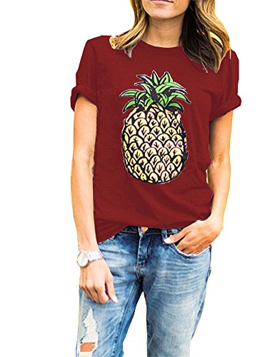 Haola Women’s Pineapple Printed T Shirt Short Sleeve Funny Graphic Tops Juniors Tees XXL WineRed