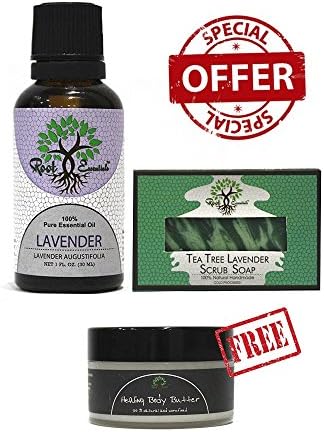 Combo Pack of Organic Lavender Soap &amp; Aromatherapy Essential Oil with Free Healing Body Butter 100% Natural by Root Essentials