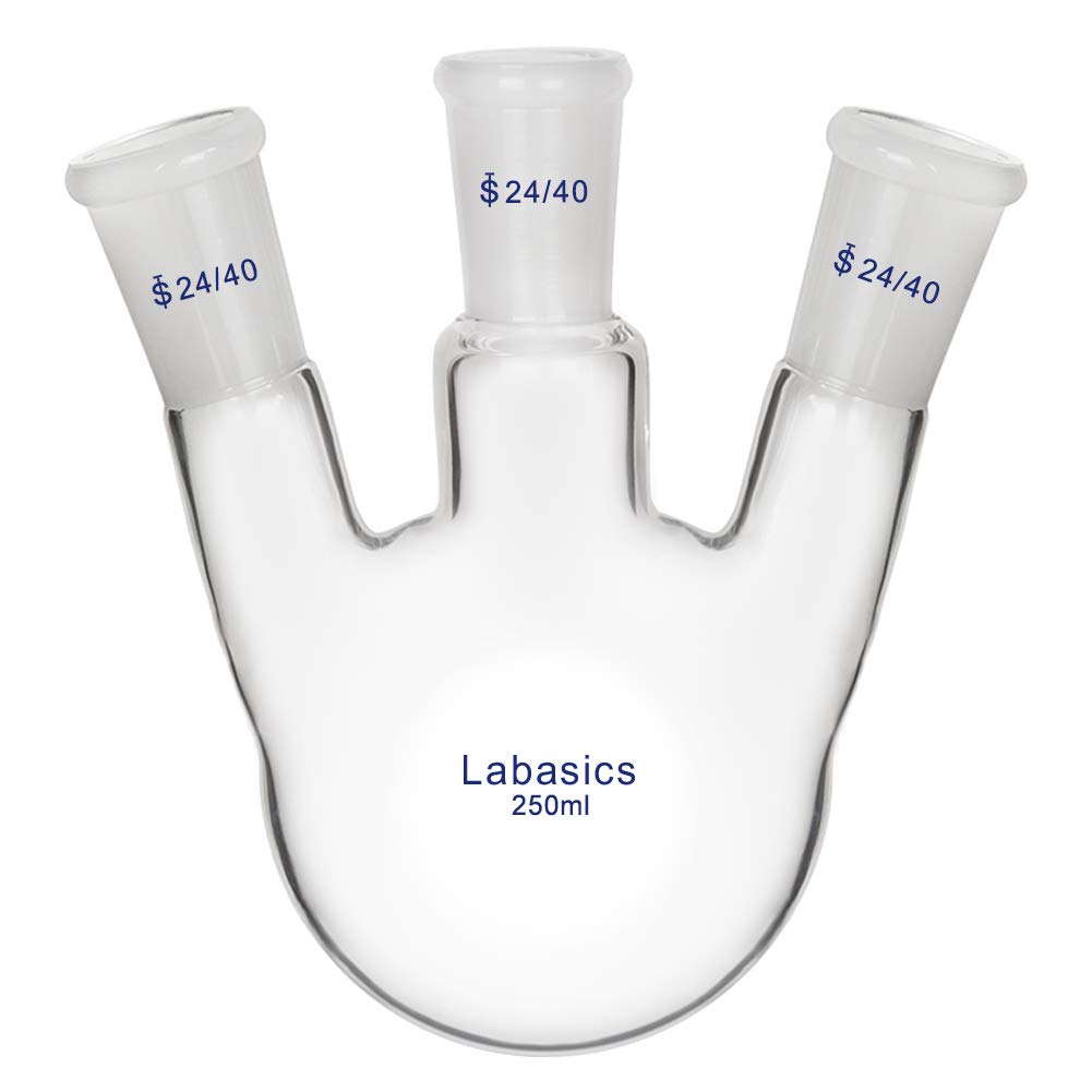 Labasics Glass 250ml 3 Neck Round Bottom Flask RBF, with 24/40 Center and Side Standard Taper Outer Joint, 250ml