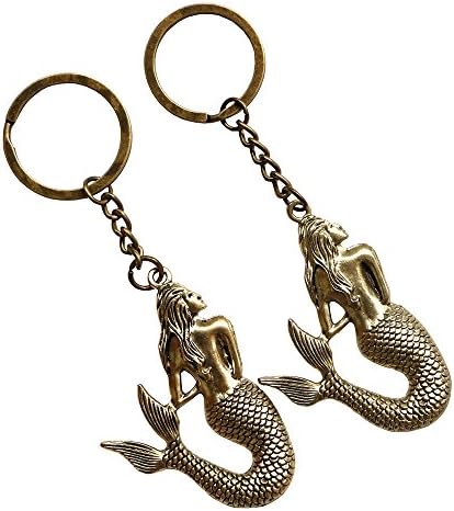 Minigianni 2 Pcs Mermaid Shaped Vintage Bronze Pattern Bag Purse Charm Keychain Key Ring Chain(YXB240)