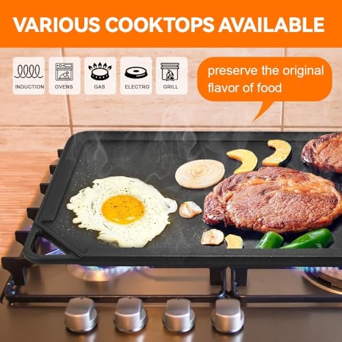 2-in-1 Reversible Grill Plate, 18"x10" Pre-Seasoned Cast Iron Griddle, Double-sided Flat Top Plate for Gas Stovetop, Oven, or Open Fire, Rectangular Flat Pan for Camping, Roasting and Grilling