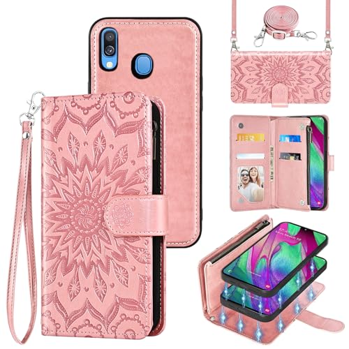 Phone Case for Samsung Galaxy A40 Zipper Wallet Magnetic Detachable Cell Cover with Tempered Glass Screen Protector Crossbody Lanyard Strap Flower Flip Card Holder Slot A 40 40A Women Girls Rose Gold