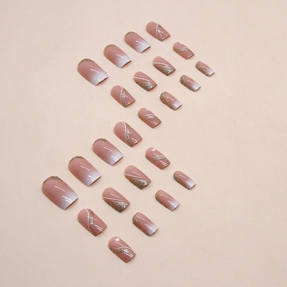 24 Pcs Nude Pink Press on Nails Medium Square - YEFIUO Glitter Fake Nails with Gold Swirl Designs Glue on Nails for Women Full Cover Glitter Sequins Acrylic Artificial False Glue on Nail for Festival - Image 3