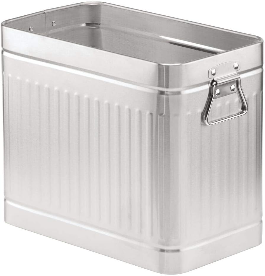 mDesign Decorative Retro Vintage Farmhouse Rectangle Metal Small Trash Can Wastebasket, Garbage Container Bin with Handles for Bathrooms, Powder Rooms, Kitchens, Home Offices - Stainless Steel