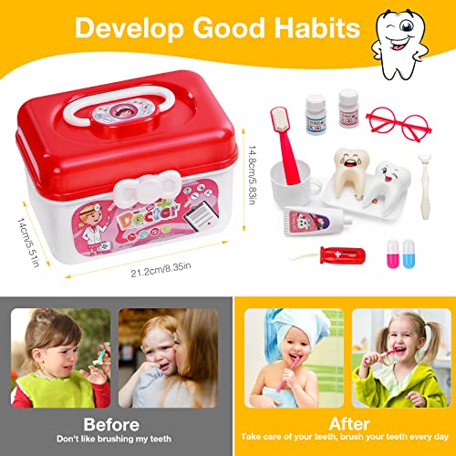 39 Pieces Doctor Kit for Kids, Educational Play Medical Kit with Electronic Stethoscope and Emergency Bed, Carrying Case, Doctor kit for Toddlers 3-5-7, Dentist Kit for Kids