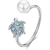 Shysnow Ocean Sea Animal Ring for Women Sterling Silver 925 Turtle Starfish Mermaid Conch Seashell Fish Pearl Ring with Blue Cubic Zirconias Summer Beach Jewelry