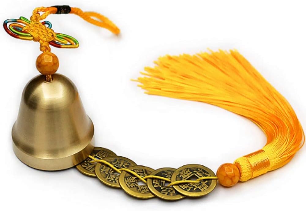 DMtse Chinese Lucky Feng Feng Shui Bell for Wealth and Safe, Pendant Coins for Success, Ward off evil, Protect Peace - Hanging Charm Wind Chime, Car Interiors (Yellow)