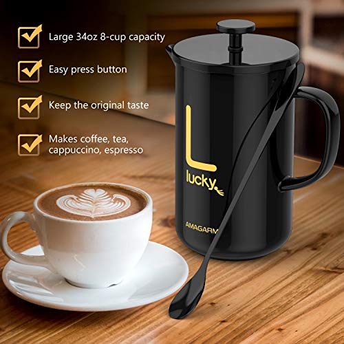 Updated 2020 Version Stoneware Natural Original Taste French Press Insulated, AMAGARM Large Coffee Maker Screen System 100% No Coffee Grounds Guarantee, Dishwasher Safe, Green and Healthy (Grade-A)
