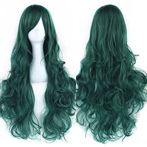 IMISSU 80cm Long Curly Natural Hair Cosplay Wig with Bangs Colorful Halloween Costume Party Wigs for Women (Dark Green)
