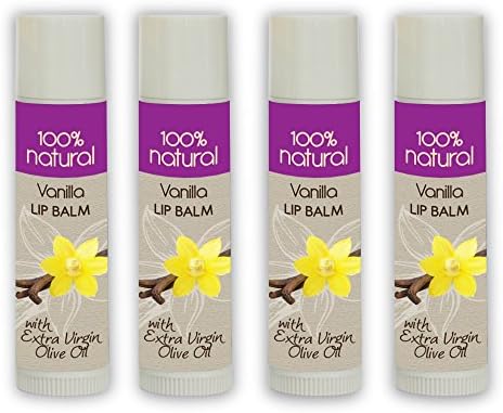 Lip Balm Moisturizer 100% Natural - Vanilla - with Extra Virgin Olive Oil - Hemp and Castor Seed Oils - Shea and Mango Butter - Natural Vitamin E - Beeswax and Organic Vanilla Essential Oil for Flavor - 4 Pack