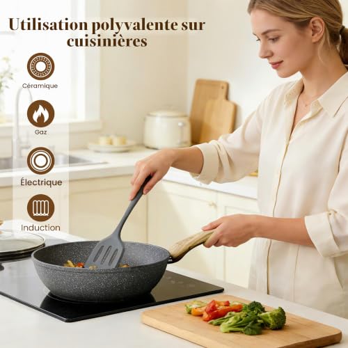 Kitchen Academy 12-Piece Set Frying Pan and Saucepan Induction Battery Grey | Non-Stick Granite Cookware for All Hobs, 100% Healthy and PFOA and PFOS-Free, Easy to Clean