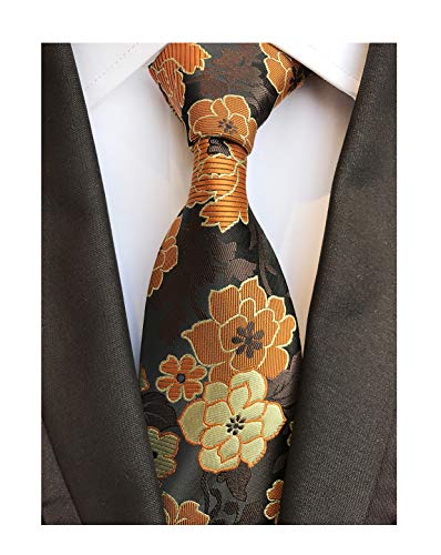 Men s orange yellow brown black flower silk tie busines…