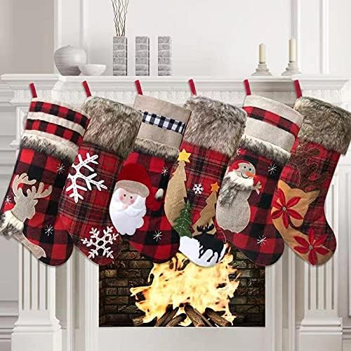 Stockings & Holders - HAPYPando Christmas Stockings Set of 6 Buffalo Red Plaid with Soft Faux Fur for Family Fireplace Hanging Large Xmas Stockings Decorations Holiday Season Decor 6 Pack