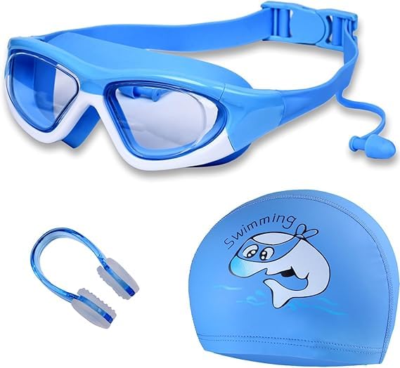 Kids Swimming Goggles with Swimming Cap, Anti-Fog No Leak Proof Waterproof Kids Swim Goggles with Soft Silicone, UV Protection Clear Vision Suitable for Kid 3-14 Boys and Girls