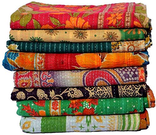 Estationeryhouse Indian Vintage Kantha Quilt Handmade Throw Reversible Blanket Bedspread Cotton Fabric BOHEMIAN quilt (2)