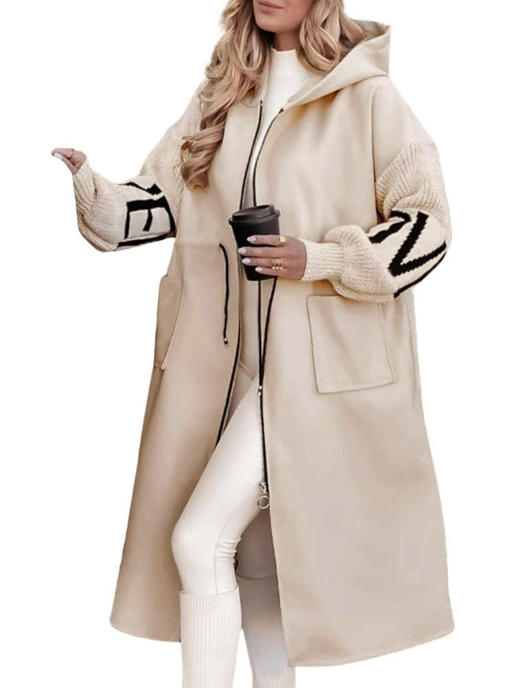 Photo 1 of ***(HEAVILY USED/ MINOR STAINS)***chouyatou Women's Casual Knitted Sleeve Wool Trench Coat Zip Up Hooded Wool Blend Overcoat with Pockets (XX-Large, Apricot)