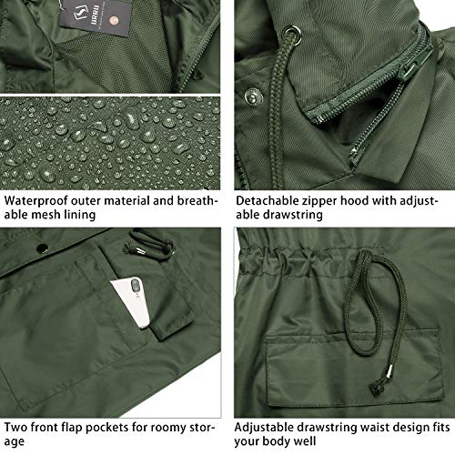 URRU Women's Waterproof Outdoor Raincoat Lightweight Rain Jacket Active Hooded Windbreaker Trench Coat Army Green S - Thumbnail 6