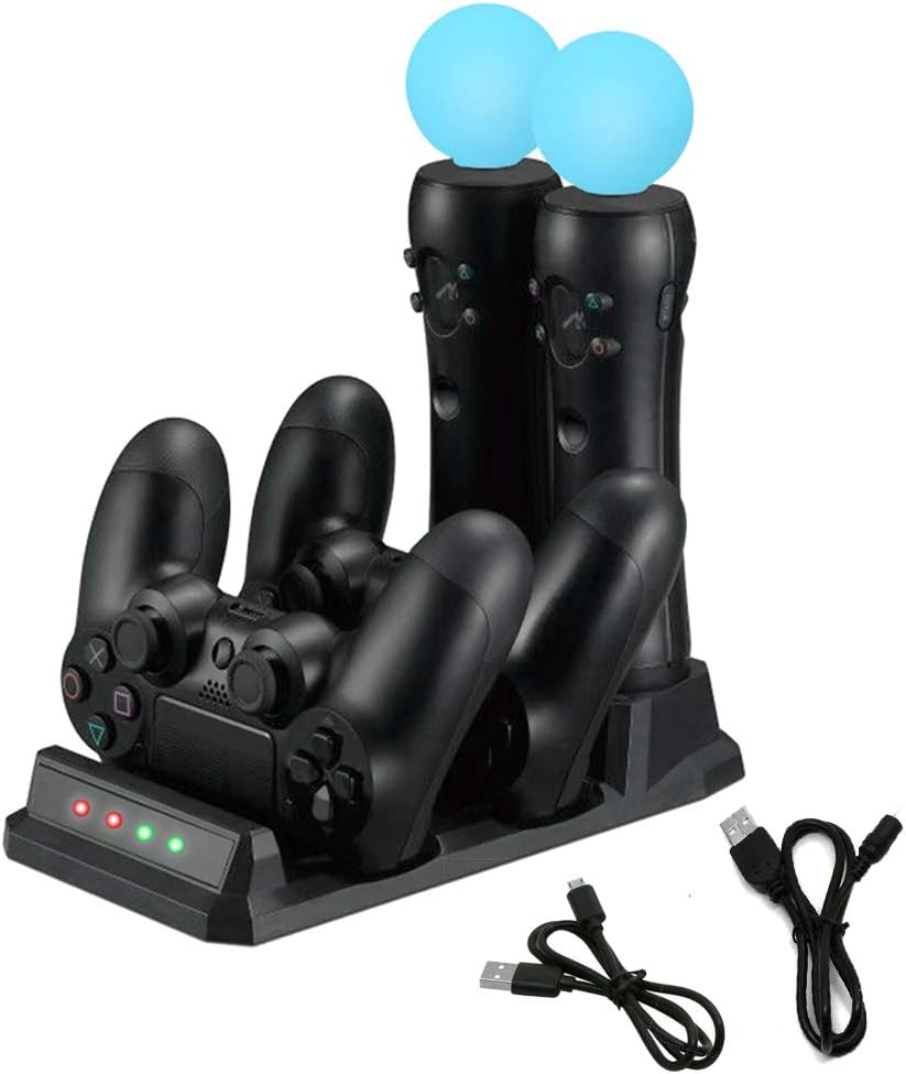 4 en 1 Estación de Carga, Base Rápida Carga 2 Mandos y 2 Moves a la Vez Indicadores LED Muestra Estado de Carga compatible con Playstation PS MOVE / PS4 /PS VR