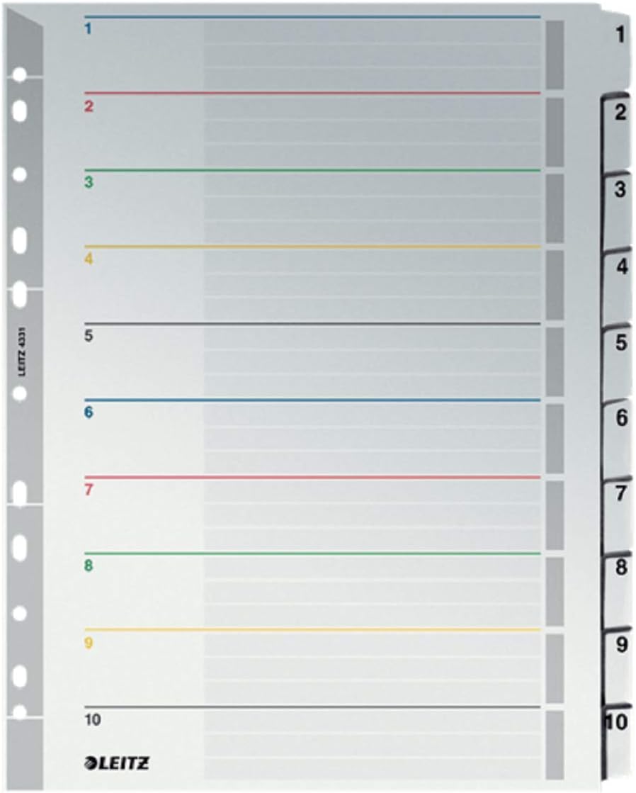 Leitz A4 1-10 Re-Writable Index, Heavy Duty Cardboard with Mylar Tabs, Extra Wide, Grey