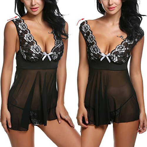 Avidlove Lace Babydoll Lingerie Mesh Chemises Sexy Outfits Nightwear and G-string Black XL