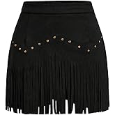 SHENHE Women's Plus Size Faux Suede Fringe High Waisted Rivet Studded Western Hippie Skirt