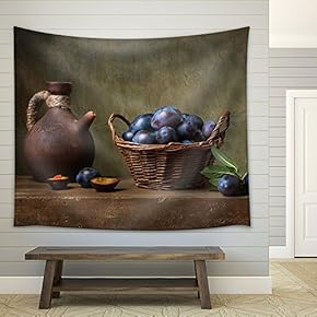 Still Life with Black Plums in a Basket on The Table - Fabric Wall Tapestry Home Decor - 51x60 inches