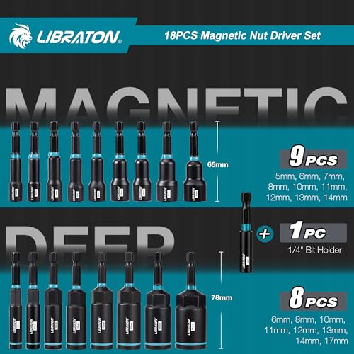 LIBRATON 18-Piece Magnetic Socket Impact Drivers, Deep Socket, Metric Nut Drivers, 5-14mm Sockets and Deep 6-17mm, Bit Holder, Storage Box