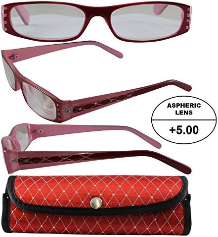 Women's High-Powered Reading Glasses: Red and Pink Frame and Matching Case +5.00 Magnification Aspheric Lenses