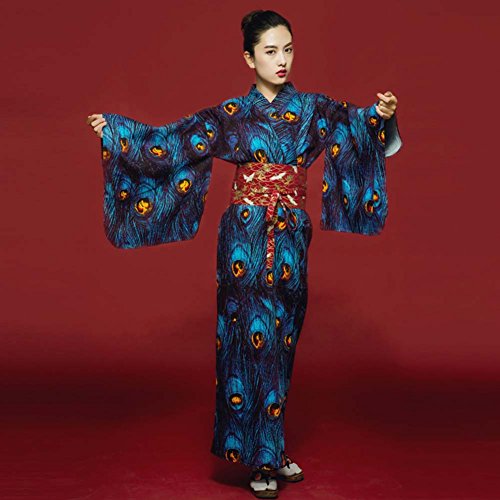 thefancypumpkin Japanese Style Retro Women Kimono Dress Costume Bathrobe with Waistband, Peacock Feathers