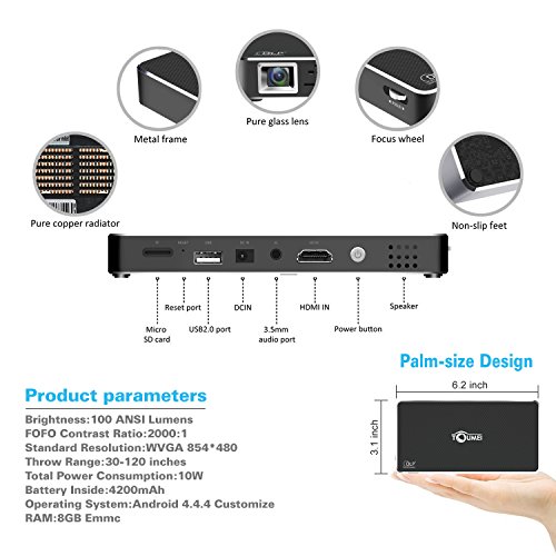 Super PDR Smart Projector WiFi DLP projector Pico hdmi 1080p mobile video projector hd wifi bluetooth home theater projector Portable Mini Pocket Size for iphone Andriod phone TOUMEI C800S - Thumbnail 3