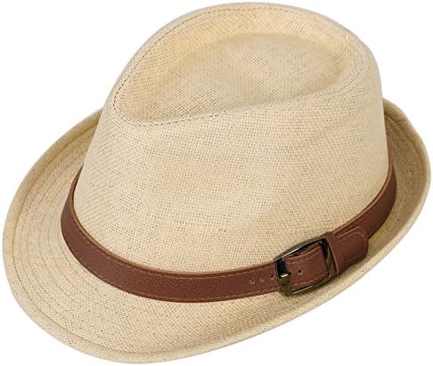 Harcadian Men's Short Brim Panama Straw Trilby Fedora w/Buckle Natural Hat Brown Belt 57cm