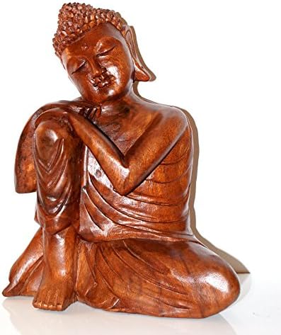 Hadiah UK Carved Wood Buddha Thai Indian Resting Sitting Head On Knee Statue 30cm Genuine Wooden Hand Carved Figure Ethical Balinese Fair Trade