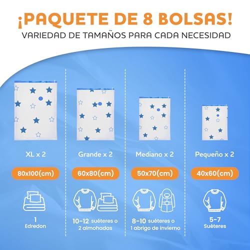 Empty Clothes Bags 8 Pieces, Storage Bag for Clothes with Manual Pump, Save Space for Clothes, Blankets, Comforters, Sheets and More