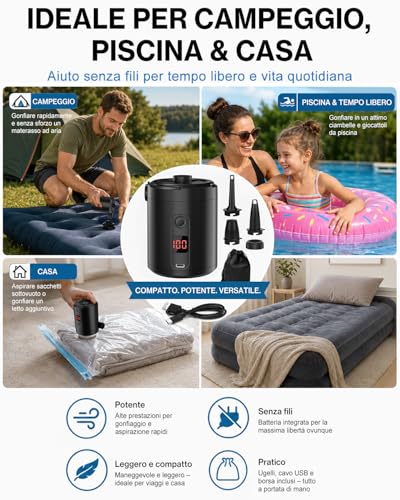 Lytool Pompa Elettrica 5200mAh con Display Digitale, 4 KPa Portatile Rapida 280L/min con 3 Ugelli e Anello per Piscina, Vacuum, Campeggio e Materasso Gonfiabile