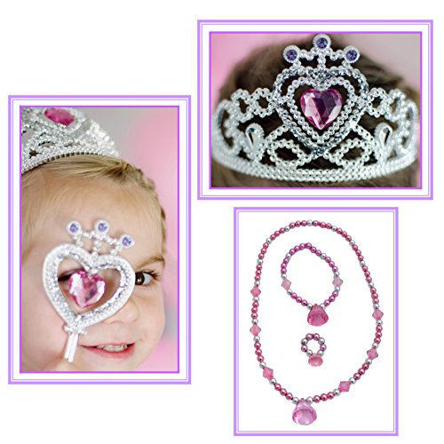 Girl's Glitz and Glam Princess Tiara Dress up Set - Includes Crown, 15 inch Wand, & Jewelry Bag (Necklace, Bracelet, and Ring in a Marabou Organza Pouch)